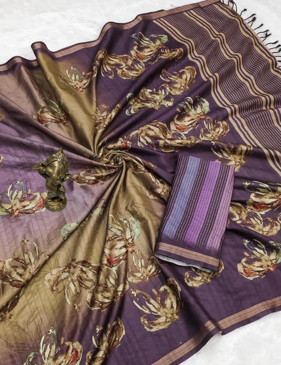 Mauve Purple Tussar Silk Digital Floral Printed Saree